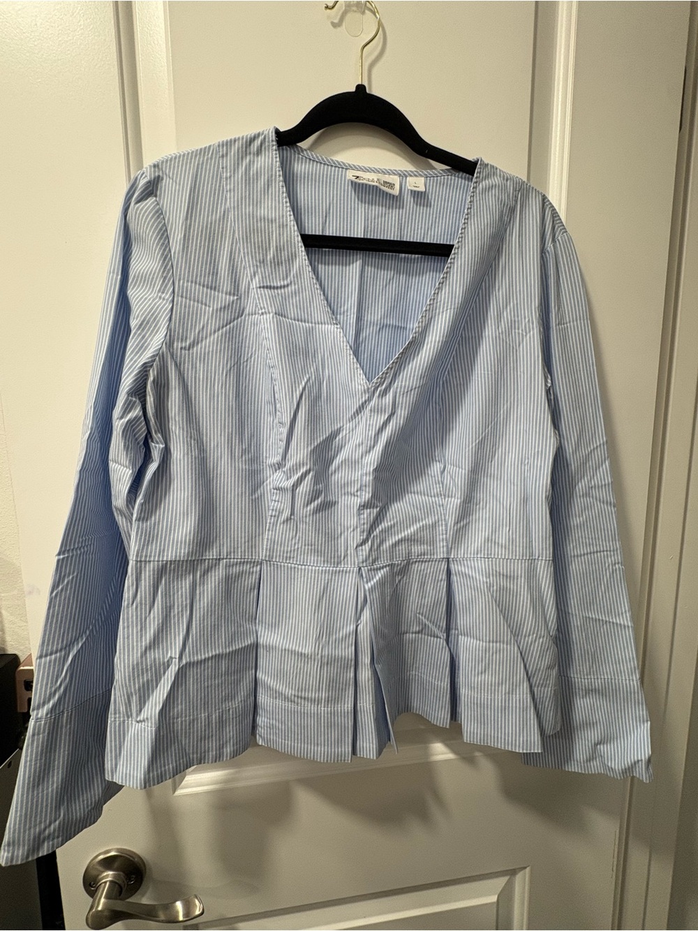 Striped Light Blue V-Neck Peplum Blouse